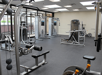 A gym with a variety of equipment including a weight bench, a leg press machine, and a cable machine.